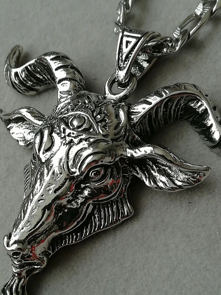 Baphomet Anhänger Mit Halskette Silber Pentagramm Ziege Ziegenkopf Hörner Satan - Bild 4 von 4