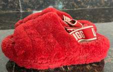 UGG Fluff Yeah Slide Red Rock Women Size 5 Logo Strap Shearling Platform Slipper
