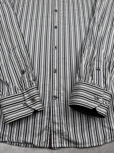 Bugatchi Uomo Shirt Mens Large Black White Gray Striped Classic Fit Long Sleeve - Picture 3 of 16