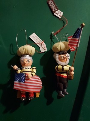 Hershey's 2002 Wood Patriotic Elves American Flag Christmas Ornaments Set Of 2