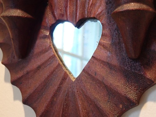 Rare Antique Folk Tramp Art Hand Carved Wood Maple Leaf Heart Mirror Wall Pocket - Picture 4 of 18