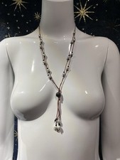 Brown Leather Cord Lariat Necklace White Round Pearl Colour Beads
