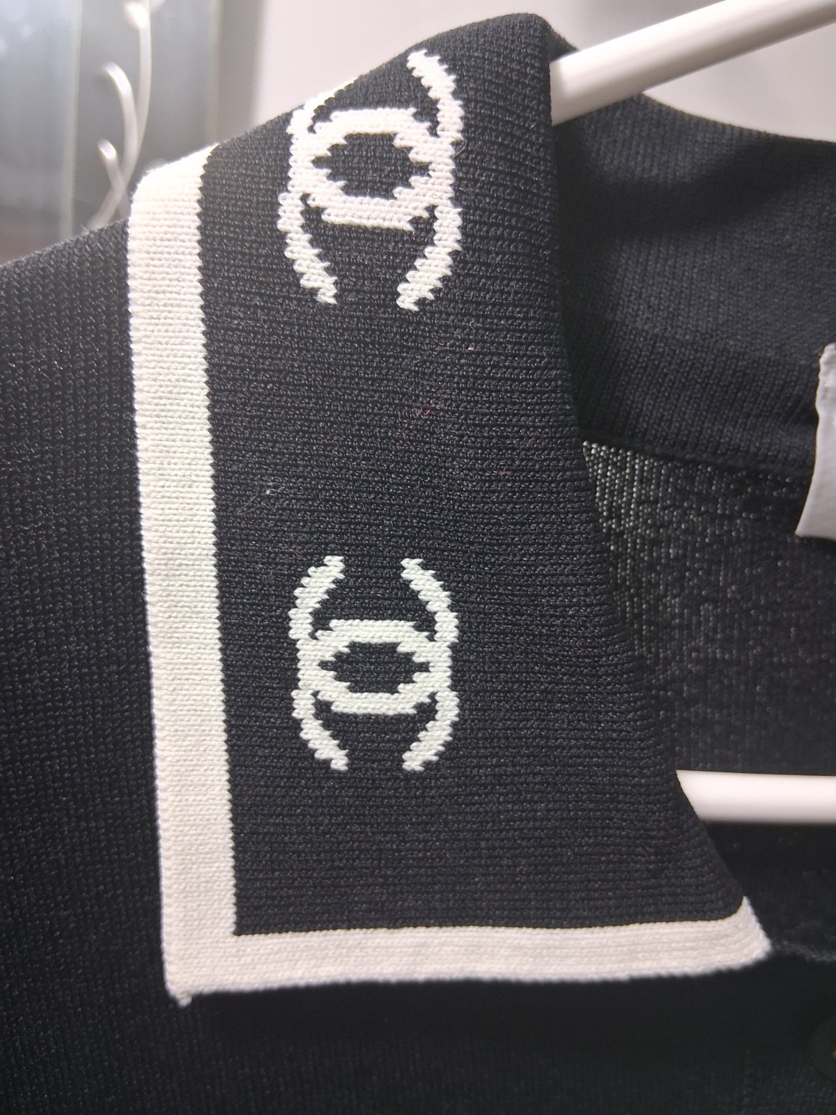 CHANEL Black Knit Collared Logo Women's Short Sleeve Blouse thumbnail 2