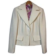 Ann Taylor Wool Blend Tweed Blazer Sz 10 Cream Floral Silk Lining Office Minimal