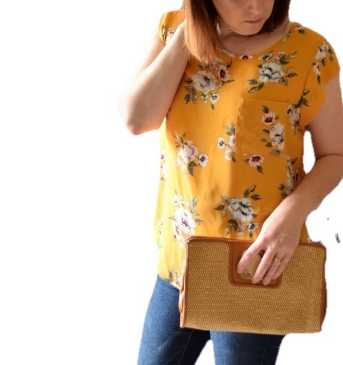 Alice Blue Mustard Yellow Floral Top Pockets Short Sleeve M