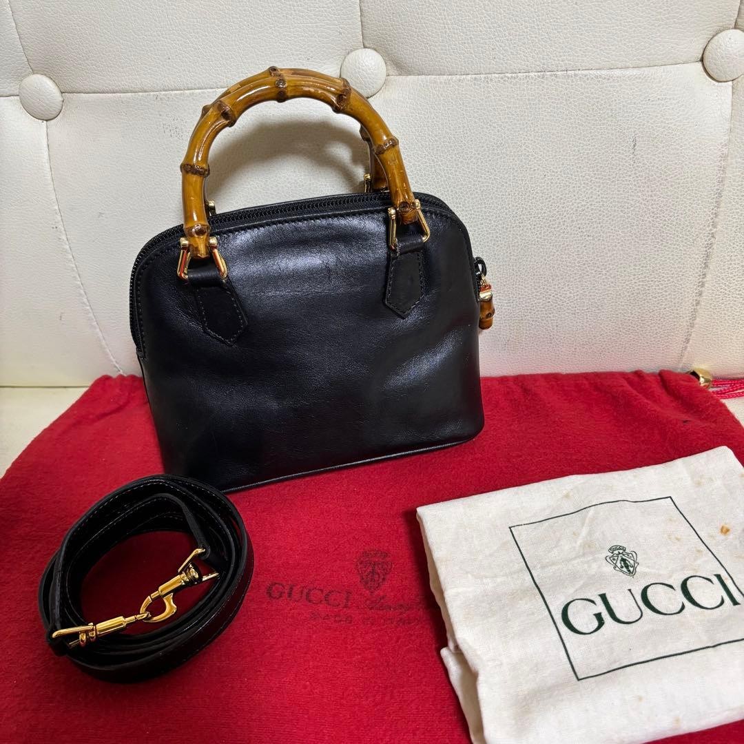 GUCCI Old Bamboo 2Way Mini Leather Shoulder Bag Black Vintage