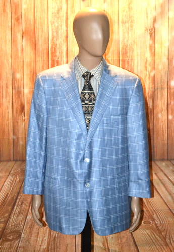 Hickey Freeman Men Beacon Silk Wool Light Blue Plaid Sports Coat Sz 48R