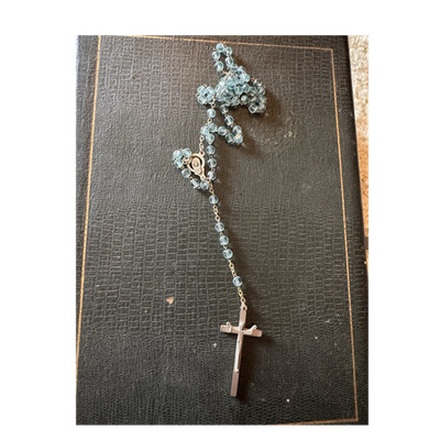 Blue Glass Bead Metal Rosary w/ Crucifix & Religious Medal