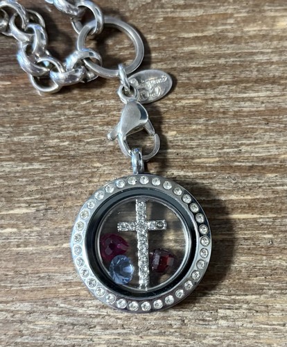 Origami Owl Locket Necklace Rolo Link Chunky Chain Rhinestone Cross With Gems - Picture 3 of 8