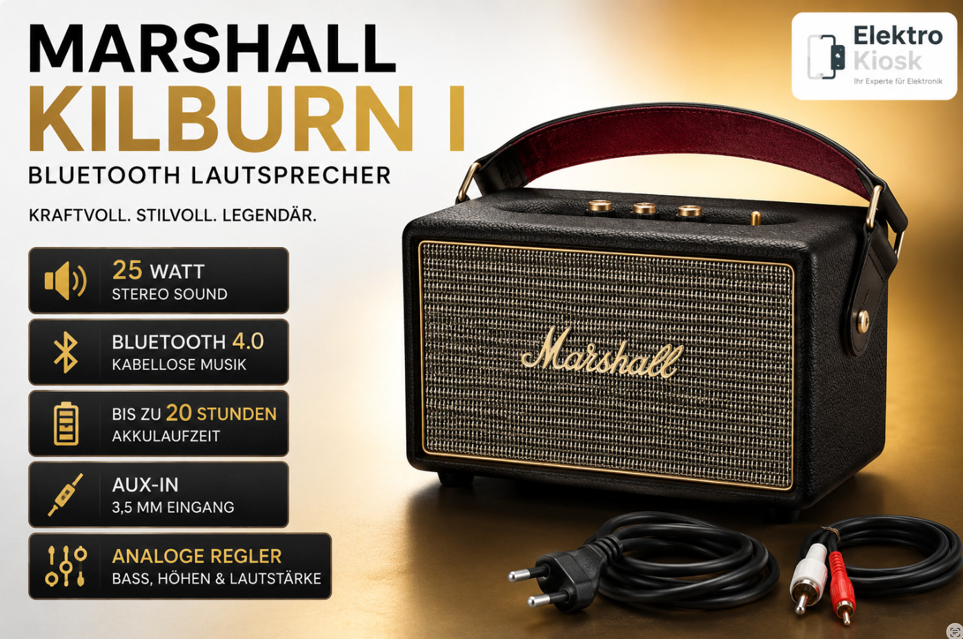 Marshall Kilburn 1 Lautsprecher Schwarz/ Gold Blueetooth Musik Box Speaker Audio
