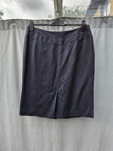 Jaeger Dark Blue Linen Silk Viscose Blend Button Front Pencil Skirt UK 16 New - Picture 3 of 4