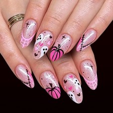 Pink Press on Nails Medium Almond Fake Nails Ghost Spider Bat Design False Na...