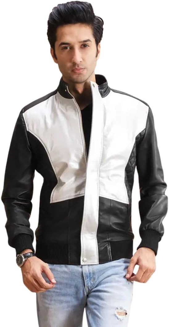 Stylish Two-Tone Leather Jacket, Modern Bomber Style with Contrast Panels