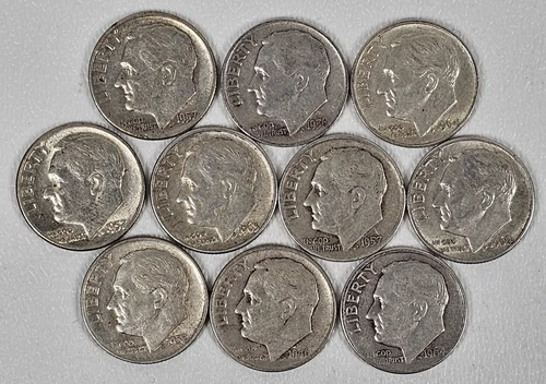 Lot of 10 Silver Roosevelt Dimes - 1964 and Earlier 90% Free Shipping