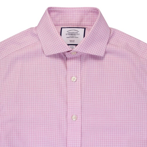 Charles Tyrwhitt Mens 15x33 Pink Mini Check Slim Fit Non Iron Button Front Shirt - Picture 4 of 11