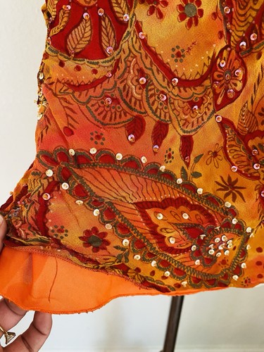 Y2k Viskose Perlen Pailletten Cami Top Boho Orange Paisley Spaghettiträger Spitze Fee - Bild 6 von 12