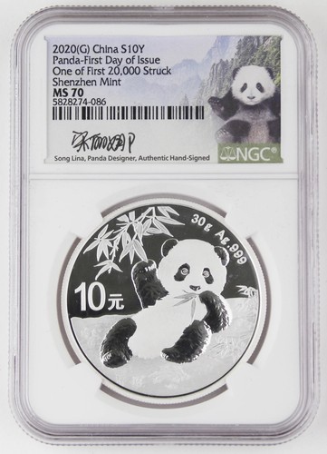 China 2020 30 Gram Silver Panda 10 Yuan Coin NGC MS70 First Day Designer Signed - Picture 1 of 2