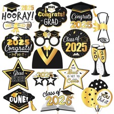 15 PCS 2025 Graduation Photo Booth Props, Black Gold, Grad Party Decor, Signs
