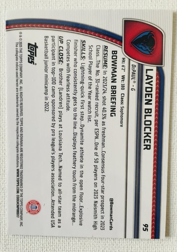 2024-25 Bowman University Chrome Layden Blocker #95 (RC) Green Refractor #’d/85 - Picture 2 of 2