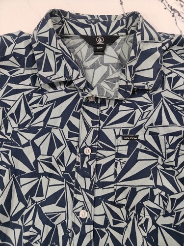 Volcom Shirt Men M Blue Geometric All Over Stone Graphic Button Short Sleeve - Picture 2 of 9
