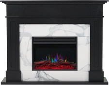 Sofia 53-In. Freestanding Fireplace Mantel in Black with White Marble Inlay and 