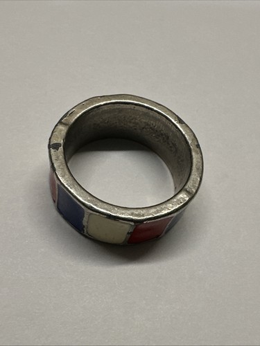 Vintage Red White & Blue Stripe Panel Block Enamel 8mm Wide Band Ring US Size 7 - Picture 2 of 6