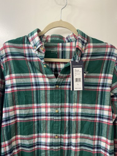 NWT VINEYARD VINES BOYS GREEN & RED PLAID FLANNEL SHIRT SZ L - Picture 2 of 4
