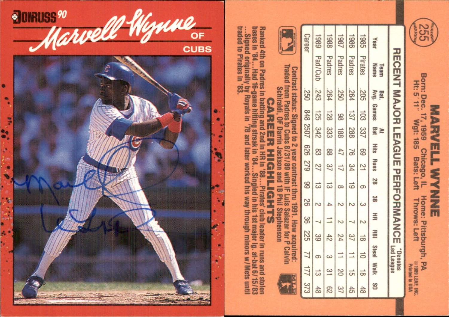 Marvell Wynne Signed 1990 Donruss #255 Card Chicago Cubs Auto AU Autograph Den