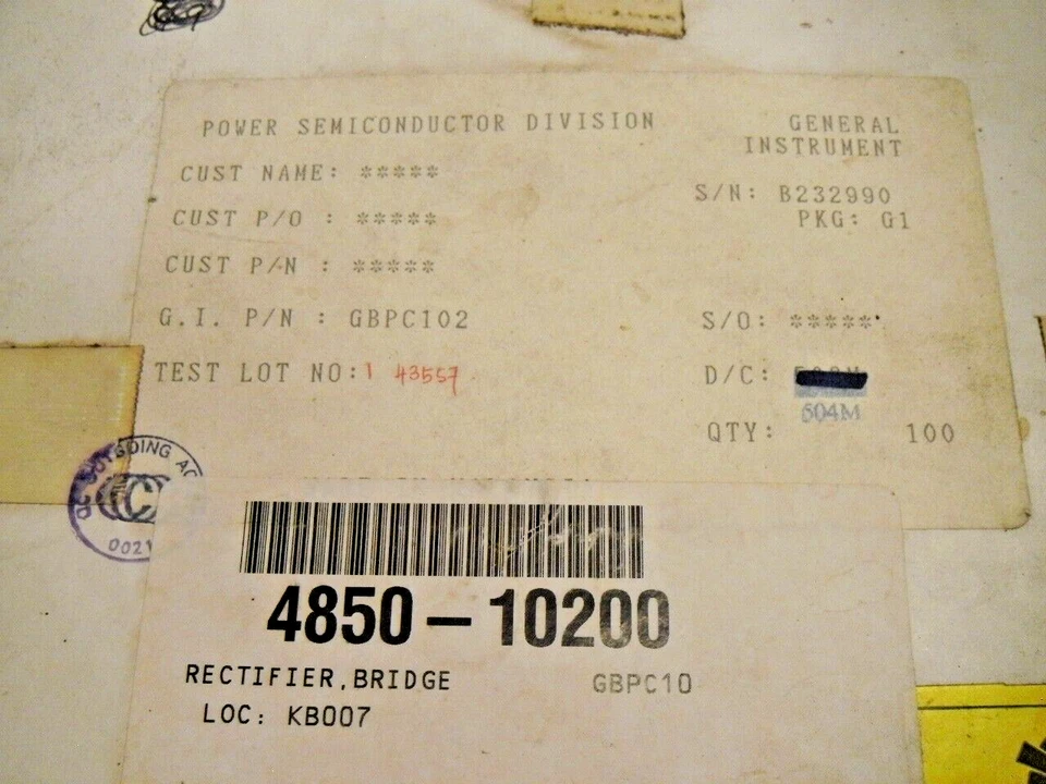 Genreal Instrument GBPC102 Single Phase Bridge Rectifier 200PRV, Max Surge = 60A - Image 3 of 3