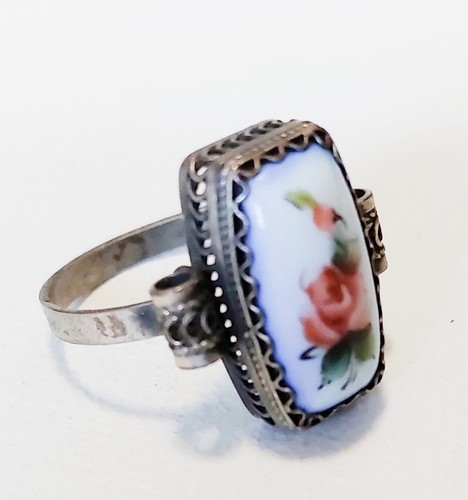 Vintage Silver Plated Handmade Enamel Flowers Jewelry Rose Drawing Ring Size 8