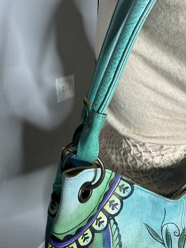 Borsa a mano Anuschka in pelle dipinta a mano - Nuova con etichette - Viola e fiori d'acqua - Foto 8 di 19