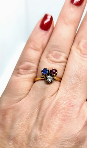 Antique 18ct Gold Old Cut 1.0ct Diamond, Sapphire, Ruby Edwardian Ring Size Q1/2 - Picture 5 of 23