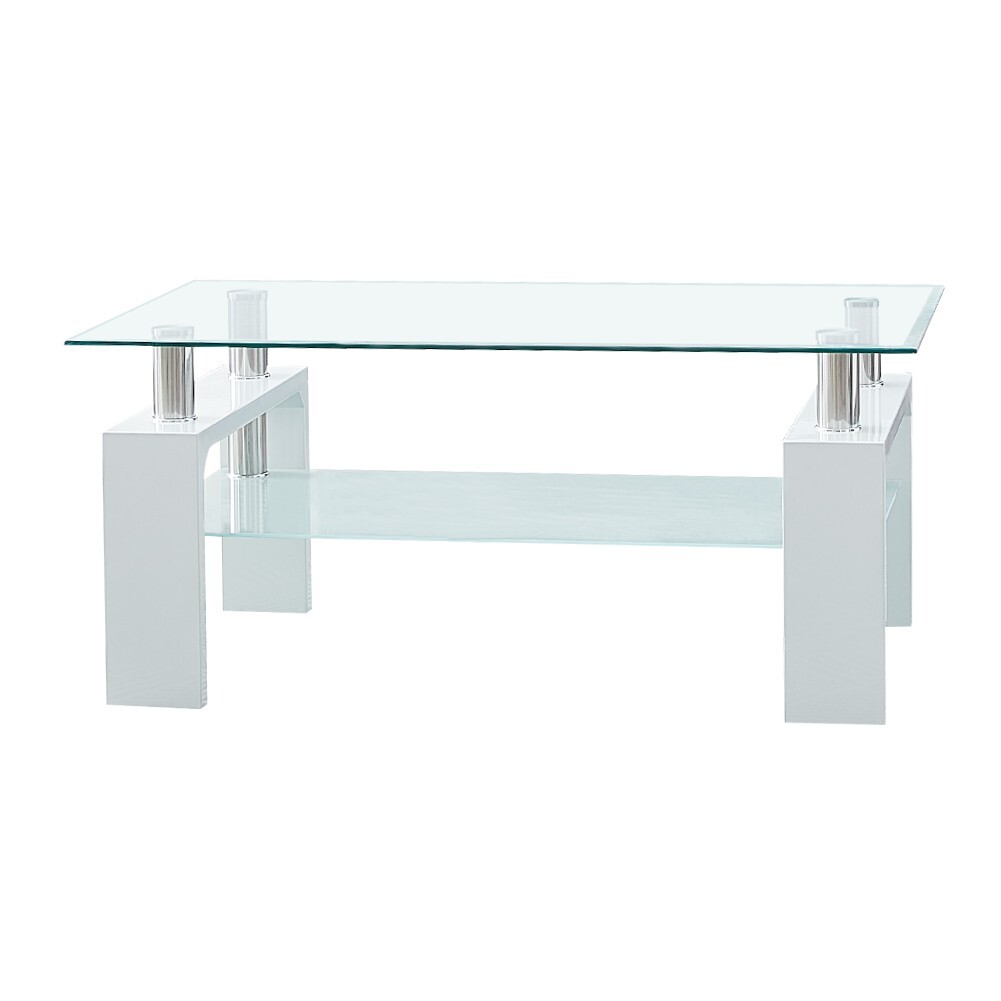 Weißer Couchtisch Gehärtetes Glas Rechteckiges Regal Lagerung Wohnzimmer