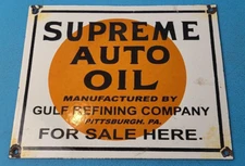 VINTAGE SUPREME AUTO OIL GULF GASOLINE PORCELAIN GAS MOTOR SERVICE PUMP SIGN