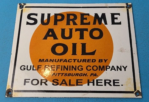 VINTAGE SUPREME AUTO OIL GULF GASOLINE PORCELAIN GAS MOTOR SERVICE PUMP SIGN