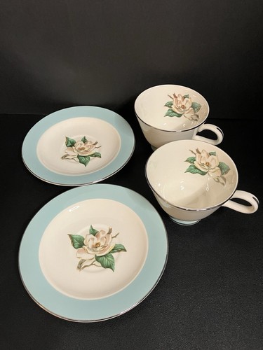 2 x Cup & Saucer Sets Vtg Homer Laughlin Lifetime Turquoise Magnolia Tea Coffee - Picture 3 of 12