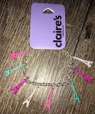 Claire  s Pink Blue Glitter Paris Eiffel Tower Charm Bracelet Jewelry