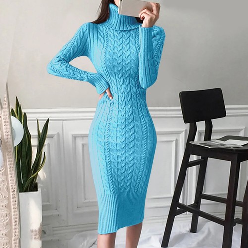 Autumn and Winter Womens Long Sleeve Turtleneck Sweater Dresses Warm Knitted - Picture 8 of 26