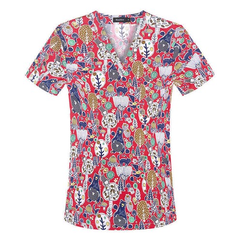 Ladies Scrub Tops 100% Cotton Printed Short Sleeve Medical Nurse V-Neck Shirt - Picture 6 of 59