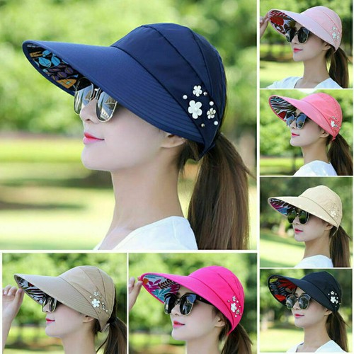 Ladies Foldable Golf Tennis Beach Summer Caps Wild Brim Sun Visor Ponytail Hat - Picture 2 of 25
