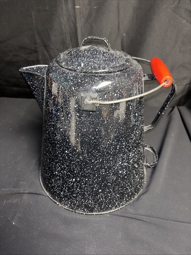 Enamelware Cowboy Style White Speckled Blue Coffee Kettle Pot w/Lid & Handle - Picture 1 of 12