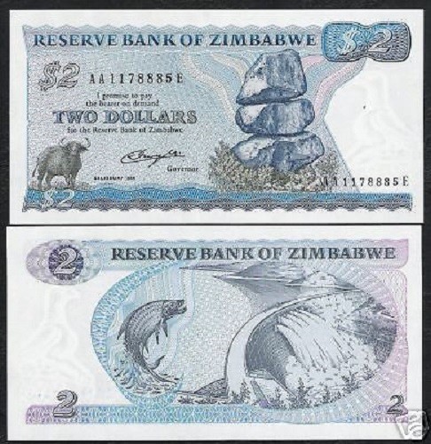ZIMBABWE 2 DOLLARS P1 A 1980 BUFFALO TIGER UNC AA FISH SALISBURY ANIMAL BANKNOTE - Picture 2 of 2