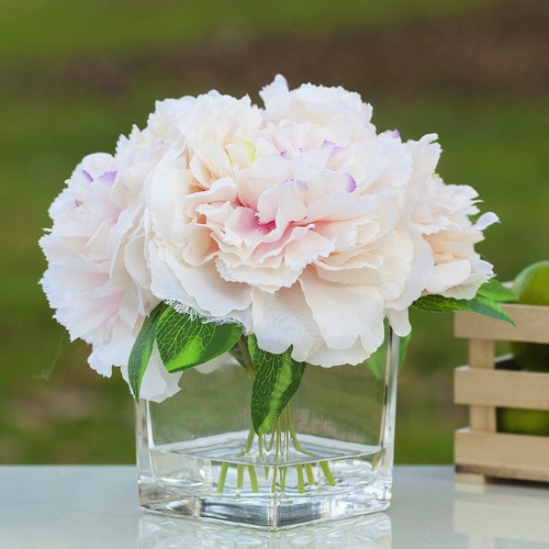 Silk Peony Artificial Flower Arrangement Centerpiece Cube Glass Vase Faux Water - Picture 8 of 13