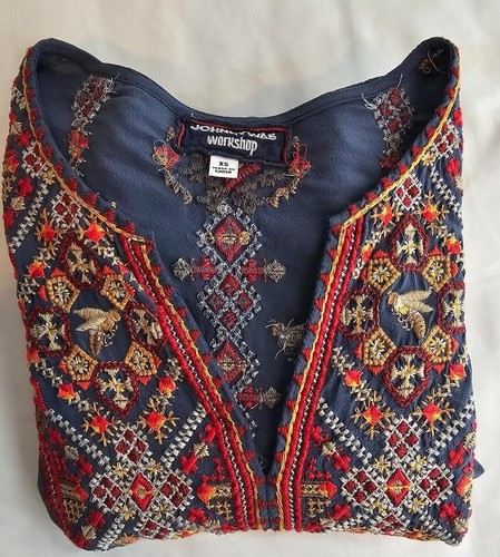 JOHNNY WAS Workshop Atzia Paris Blue Embroidered Dress XS Boho Peasant