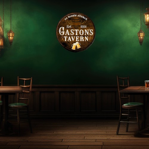 Gaston's Tavern Beer Barrel Sign Wall Hanging Disney Man Cave Wooden Barrel Head - Picture 3 of 8