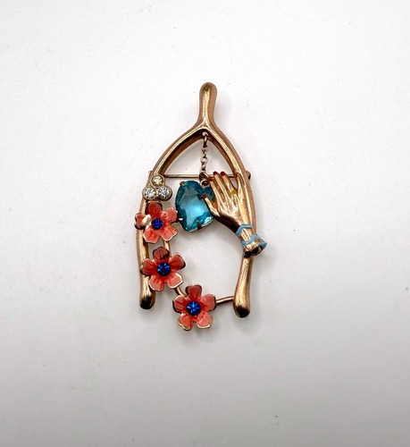 Broche Vintage único cobre espoleta de la suerte mano flores azul colgante estrás - Imagen 8 de 10