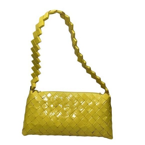 Trendy Yellow Woven Shoulder Bag Geometric Strap Design Statement Baguette Purse - Picture 2 of 11