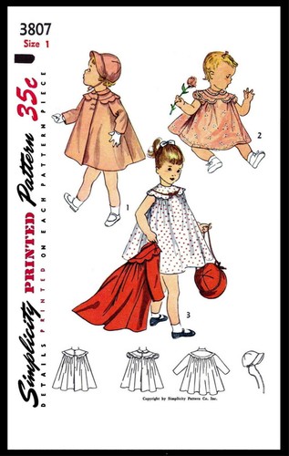 Simplicity 3807 BABY GIRL Dress Frock Coat & BONNET Sewing Pattern 1 * 2 Toddler - Picture 6 of 6