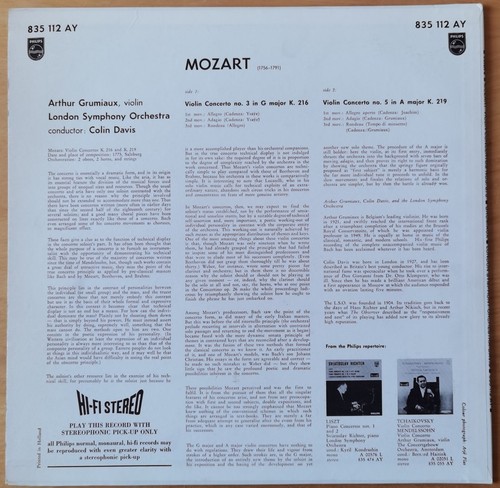 Grumiaux Davis Mozart Violin Concertos LP Philips Hi-FI 835 112 AY Holland ED1 - Imagen 2 de 2