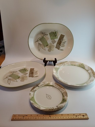 Corelle USA 10-Piece Bundle TEXTURED LEAVES 8 Plates and 2 Serving Platters EUC
